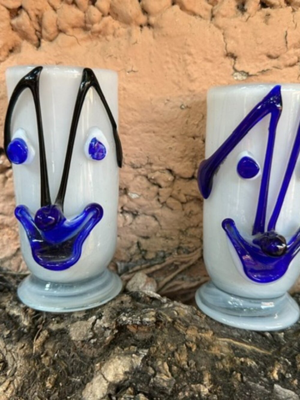 Hand Blown Art Glass Clown Face Drinking Glasses/Vases – Pedestal Base, Colorful